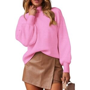 Women's Lightweight Knit Pullover, Mock Neck &‎ Lantern Sleeve 2XL Pink